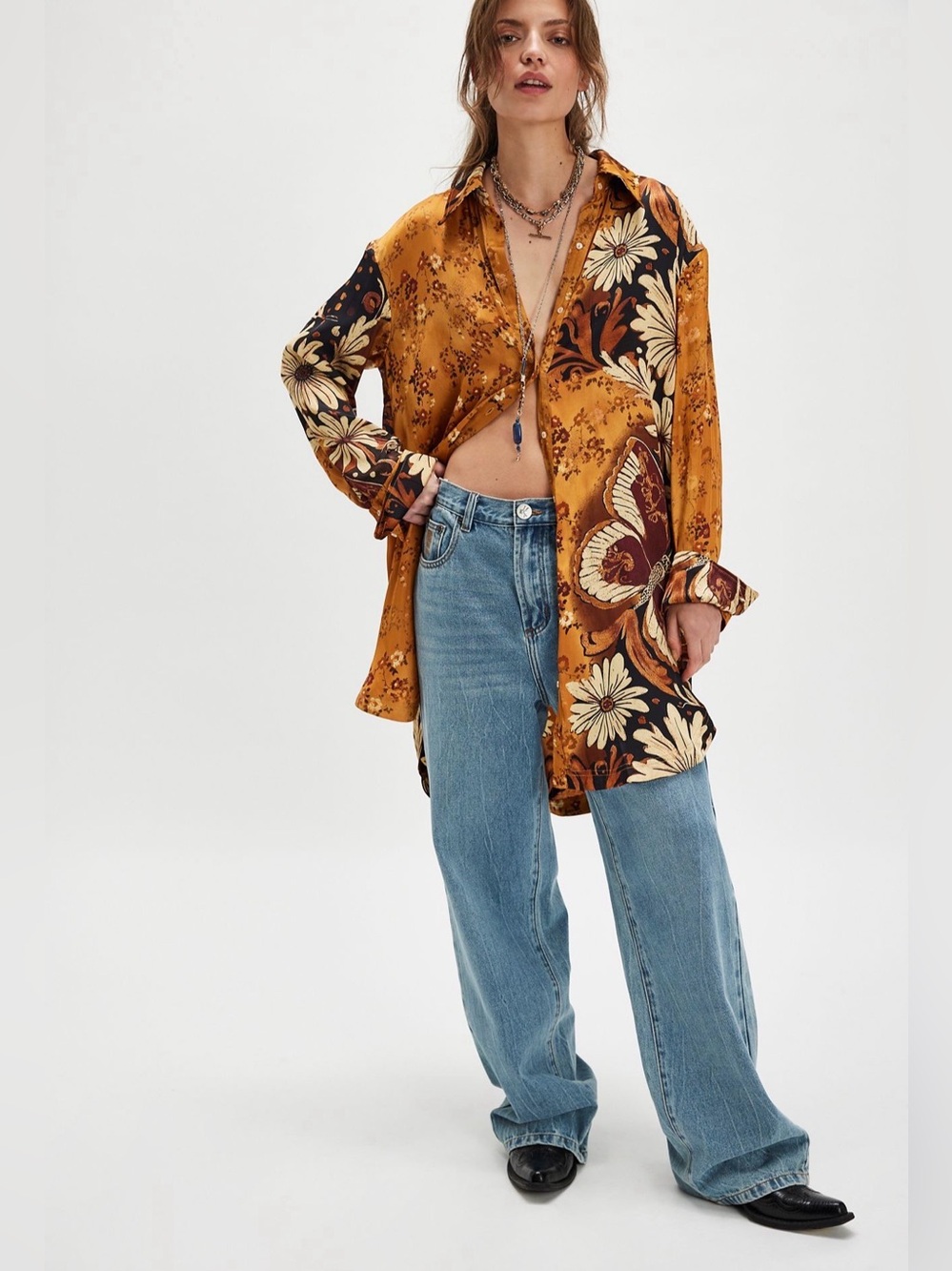 Free People Off The Vine Button Down Floral Satin Goldon Butterfly Combo